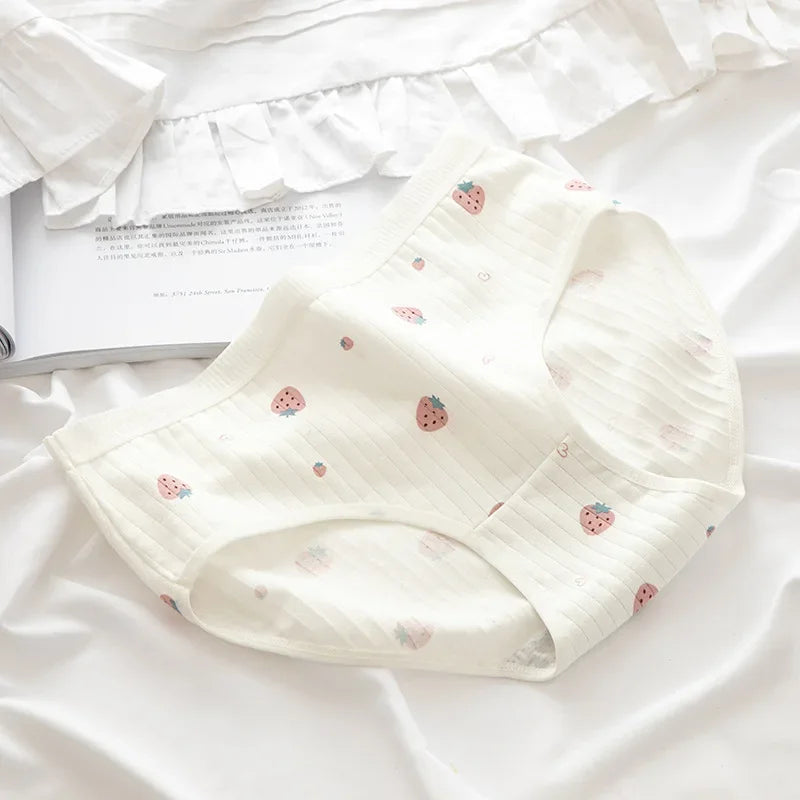 1 Pack Cute Bear & Strawberry Print Cotton Mid-Rise Panties Women's Comfort Underwear M-XL Grid & Striped Print Lingerie