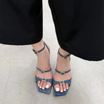 New Sexy Black Thin Buckle Straps Wedges Sandals Women Elegant Denim Blue Unique Curved Wedge High Heel Summer Party Heels Shoes
