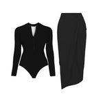 Black And Printed Long Sleeve Swimsuit With Cover Up Sexy Swimwear Women Surf Swim Suit Slimming Bathingsuit Bodysuit Beachwear