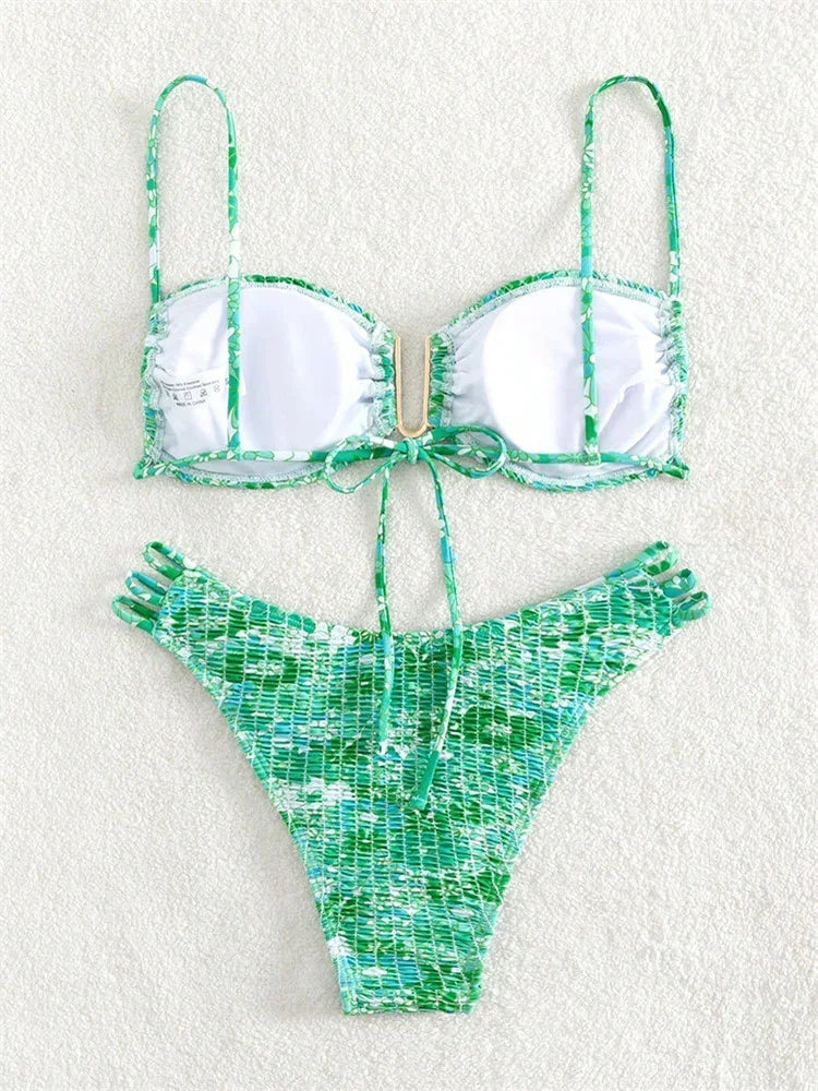 Sexy Pleate Micro Bikini Women U Neck Push Up Orange Floral Print Micro Swimsuit 2025 Summer Bathing Suit Lace Up Thong Swimwear