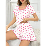 Women's New Pajamas with Love Print Set Summer Sweet Square Neck Short Sleeved Shorts Home Clothes T-Shirt Hot Selling Item