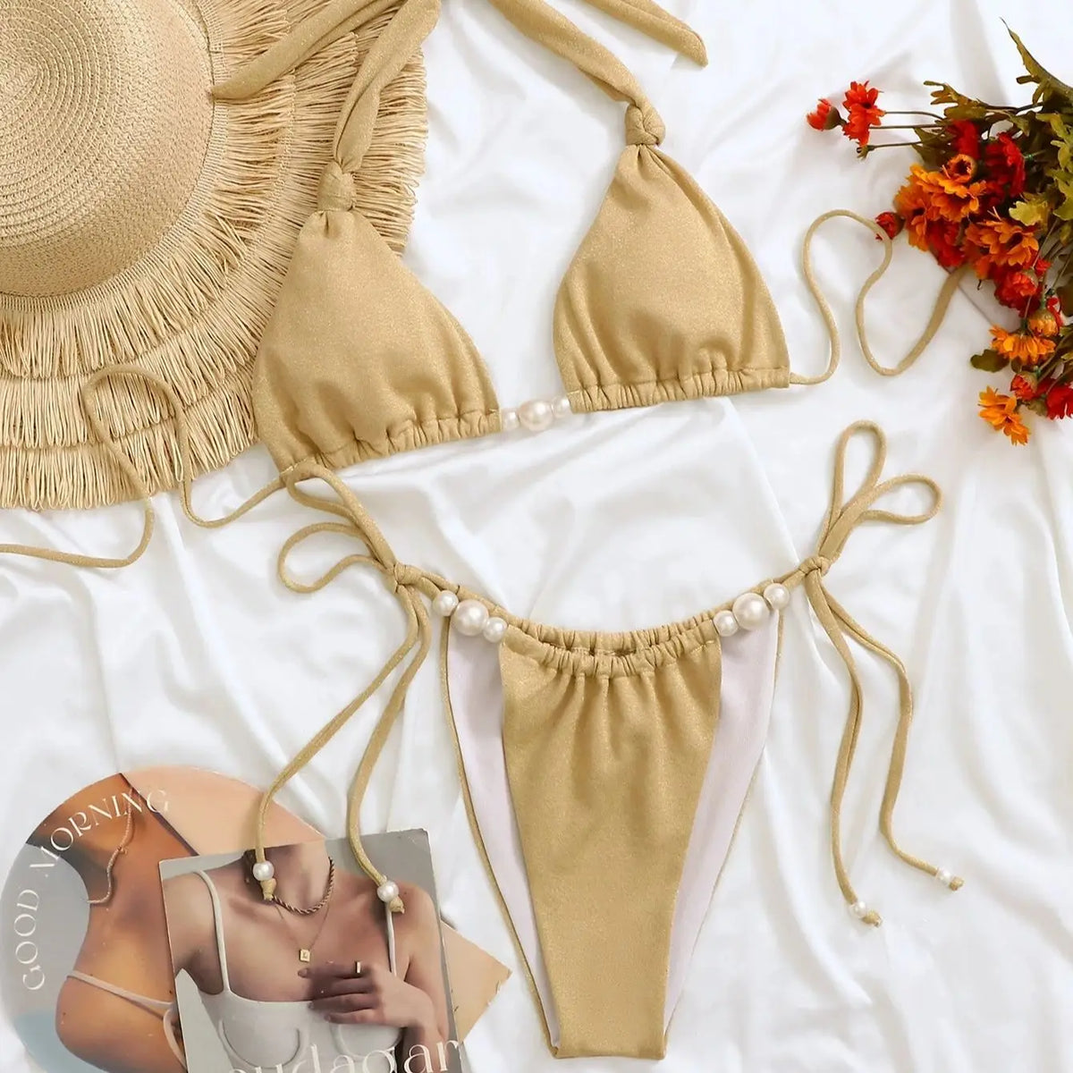 DEKA Backless Halter Bandage Brazilian Pearl Bikini Set New Shiny Gold Women Swimsuit Triangle Micro String Thong Swimwear