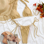 DEKA Backless Halter Bandage Brazilian Pearl Bikini Set New Shiny Gold Women Swimsuit Triangle Micro String Thong Swimwear
