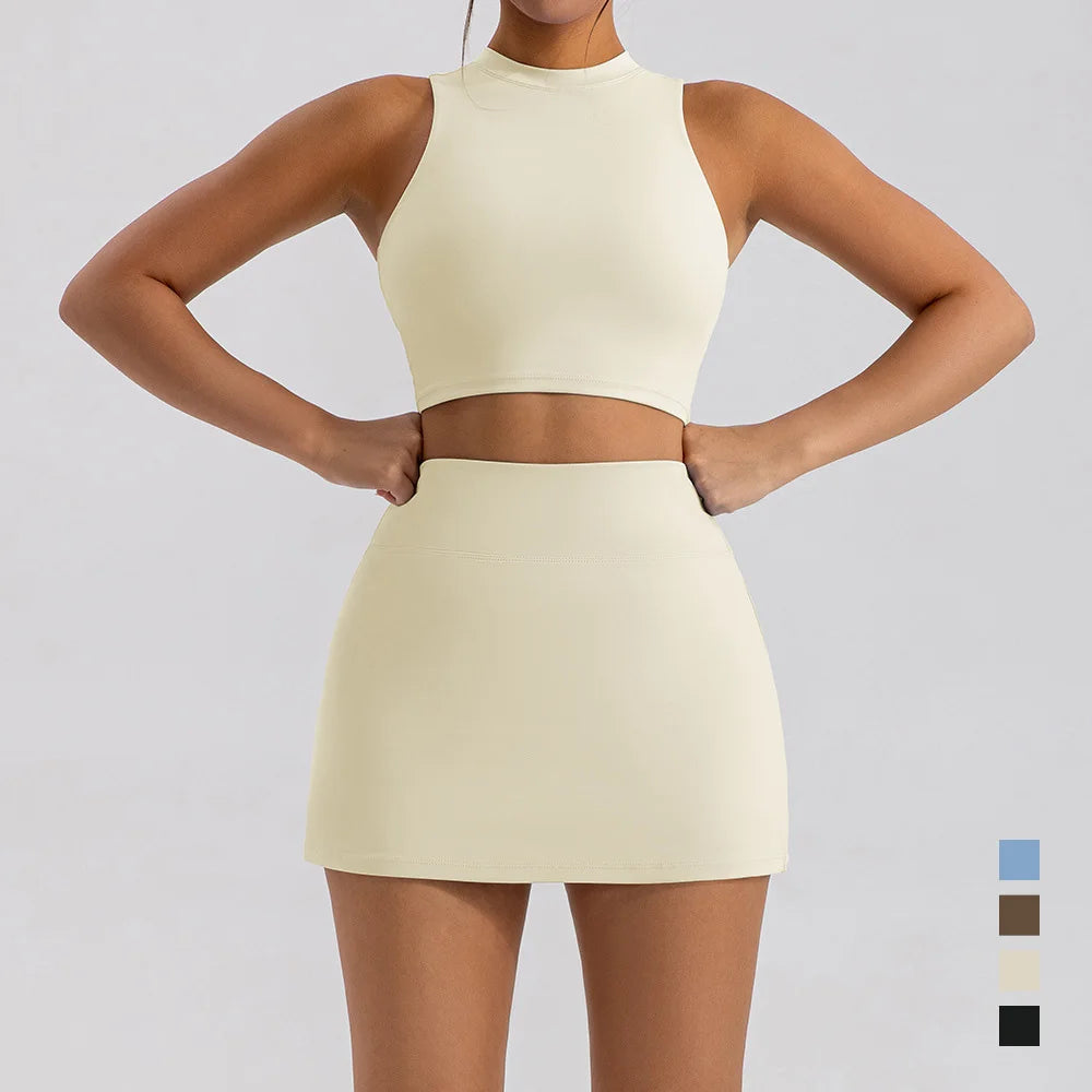 Sports Short Skirt Yoga Set 2PCS Women Tracksuit Gym Tennis Skirt Set Workout Sportswear Golf Dance Athletic Sport Suit