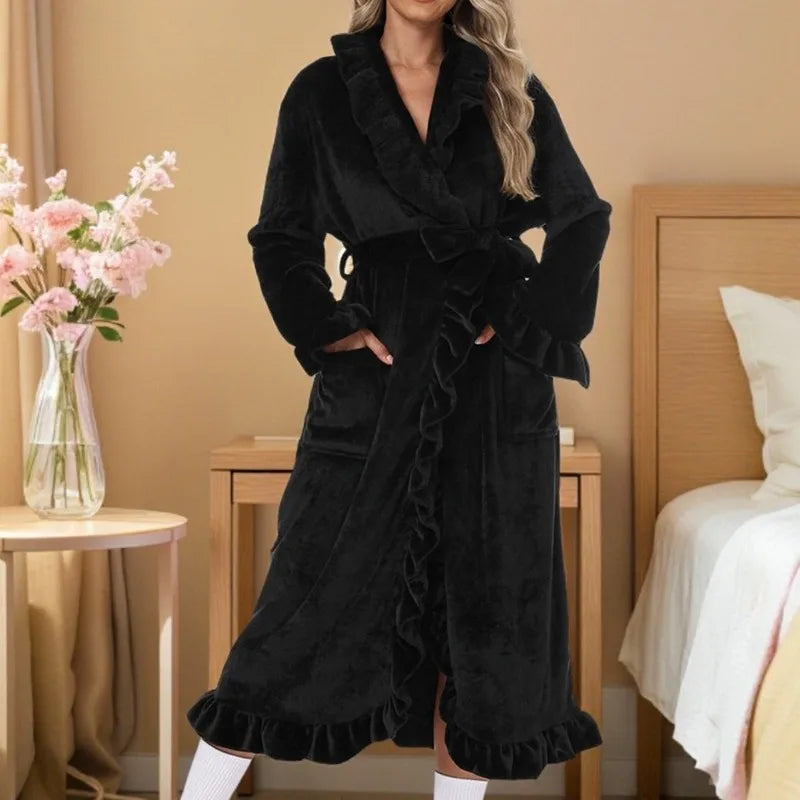 New Women's Long Warm Robe Home Wear Autumn and Winter Coral Velvet Thickened Bathrobe Casual Soft Solid Lace Up Loungewear