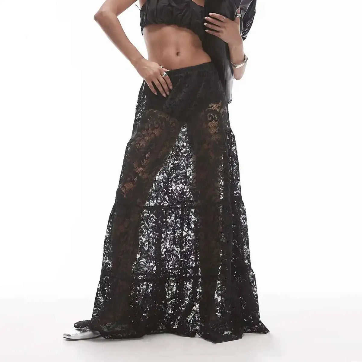 Mesh Sheer Lace Skirts Women High Waist Street Fashion Loose Hollow Out Long Skirt Party Sexy Patchwork Clubwear 2026 50JZ