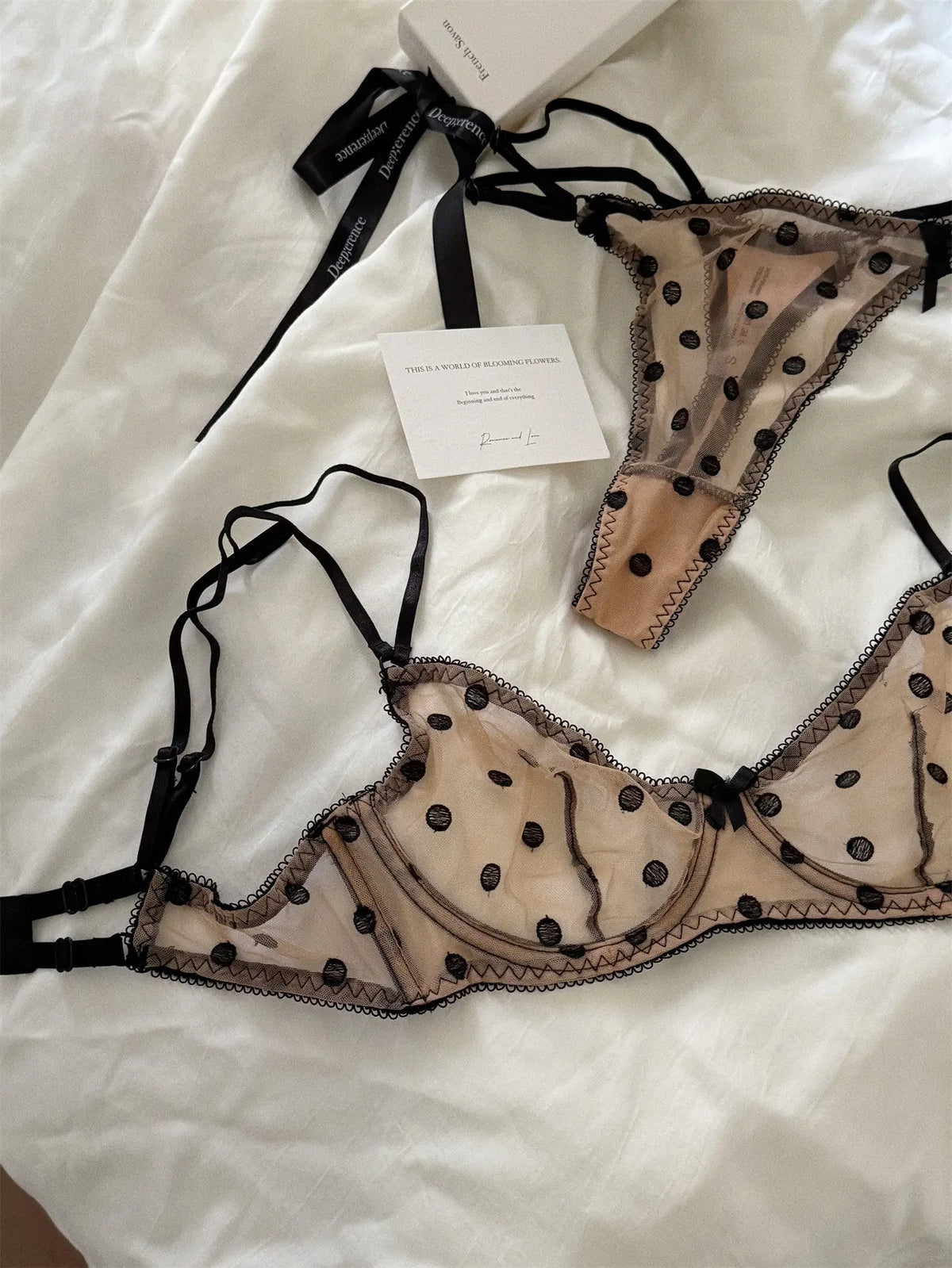 French Style Polka Dot Bra & Thong Set | Retro Sexy Lace Lingerie, Ultra Thin Sheer Netting for Big Bust & Plus Size MOYISU Bras