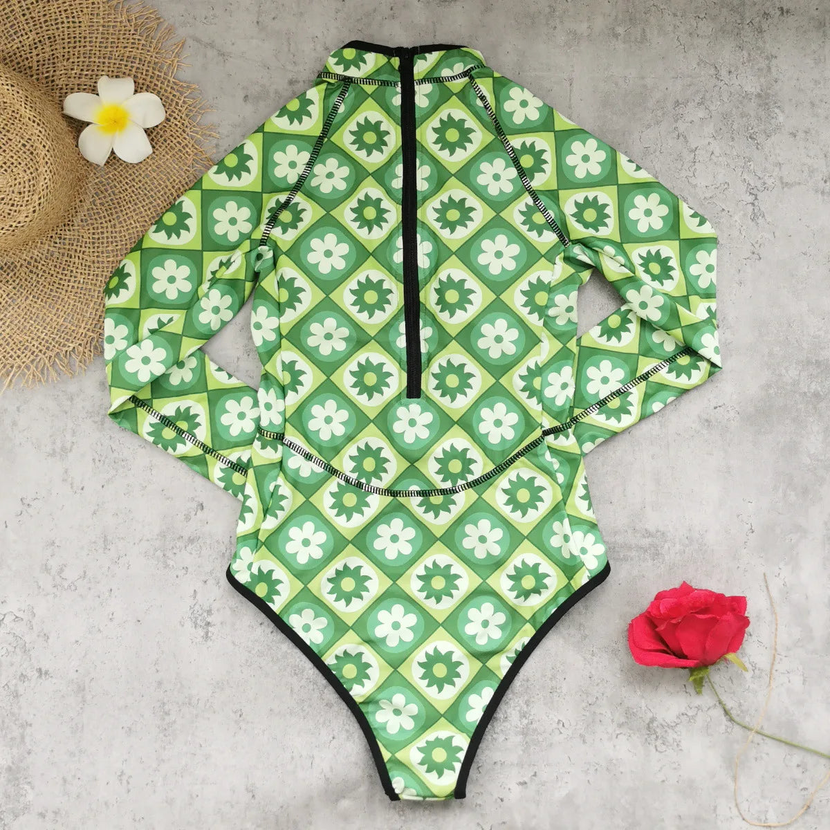 2026 Print One Piece Swimsuit Long Sleeve Swimwear Women Bathing Suit Vintage Zipper Swimsuit One Piece Surfing Swim Wear