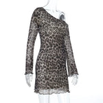 Spring Summer Off-Shoulder Sexy Leopard Print Long-Sleeve Dress European-Style Casual Backless Bell-Sleeve Mini Skirt Streetwear