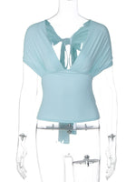 FDYOUI Chic Deep V-neck Bandage Crop Tops Women 2026 Summer Sexy Backless Solid Corset Ladies Lace-up Tunics T-shirt Streetwear