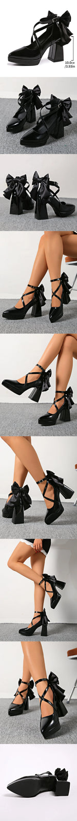 Big Size 42 Black Gothic Cross-strap High Heels Pumps Lolita Bow Tie Chunky Heels Platform Heeled Mary Jane Goth Shoes Women