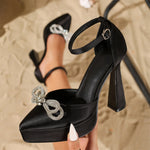 2026 Sexy Satin Black Super High Heels Sandals Women Summer Crystal Bow Tie Ankle Strap Dress Party Shoes Platform Sandals