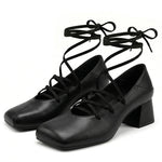 Plus Size 52 Retro Lace Up Ankle Wrap Mary Jane Heels Women Shoes Square Toe Faux Leather Chunky Block Mid Heel Vintage Pumps