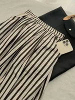 Retro Chic Solid Color Striped Skirt For Women In Summer, High Waisted And Slimming A-line Mid Length Umbrella Skirt Casual OHS8