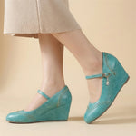2026 Small Big Size 32-48 Vintage Green 7cm High Heels Wedges Pumps White Red Comfy Walk Summer Mary Janes Brogue Shoes Women