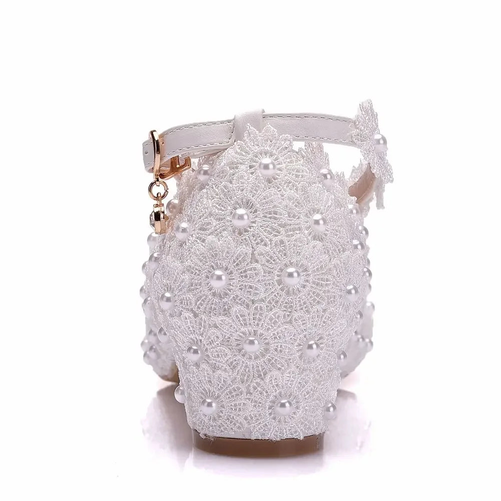 Women 3CM High Heels White Lace Pearl Wedding Shoes Sexy Bride PartyPointed Toe Shallow Mouth Pumps Shoe BridesmaidPink