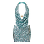 Summer Women Party Evening Sequins Outfits Backless Halter Low Cut Vest and Pencil Skirt Sets Y2K Aesthetic Clothes