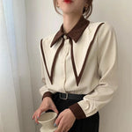 MEXZT Vintage Chiffon Shirts Women Elegant Patchwork Long Sleeve Blouses Office Lady Korean Black Turn Down Collar Casual Tops