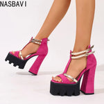 Women's Flock Suede Leather T-Strap Platform Sandals Chunky High Heels Elegant Sandals Sexy Party Shoes Rose red England 34-43