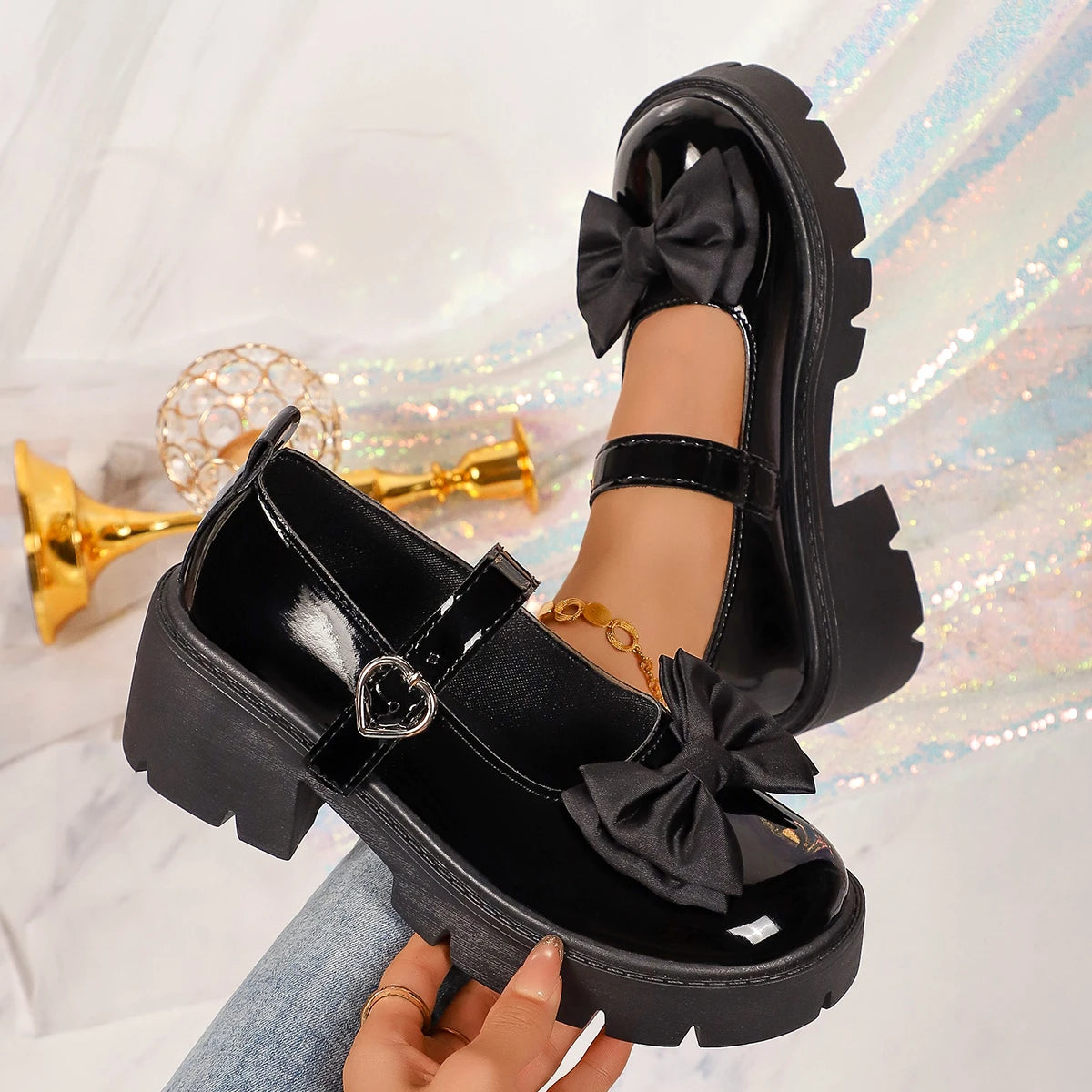 Women Bow Decor Platform Mary Jane Shoes Round‑Toe Ankle Strap Lug‑Sole PU Leather Black Glossy Sweet Casual Daily Shoes