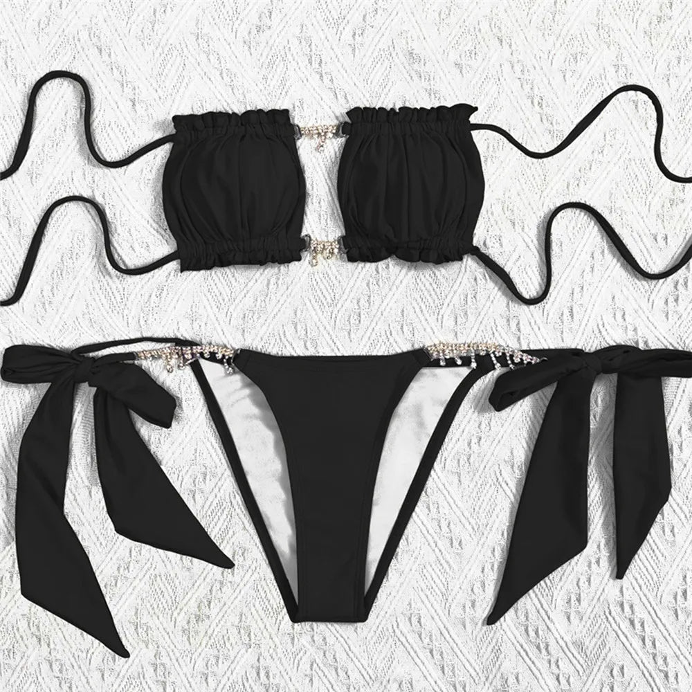 Sexy Rhinestone Chain Micro Thong Bikini Women Swimwear Ruffled Bandeau Swimsuit Knotted Bathing Swimming Suit Bikinis Sets 2026
