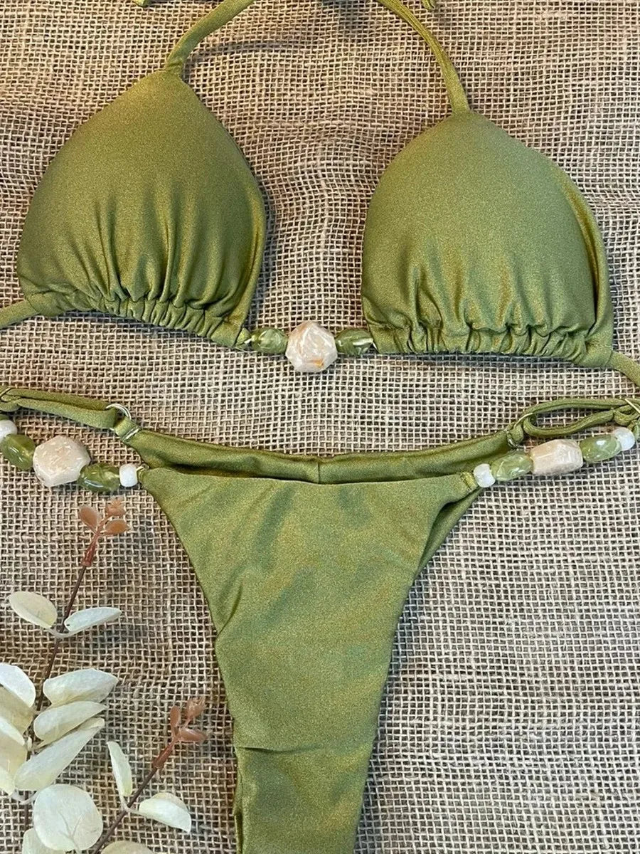 Shiny Halter High Leg Cut Beads Bikini Women Swimwear Female Swimsuit Two-pieces Bikini Set Padded Bather Bathing Suit Swim Lady