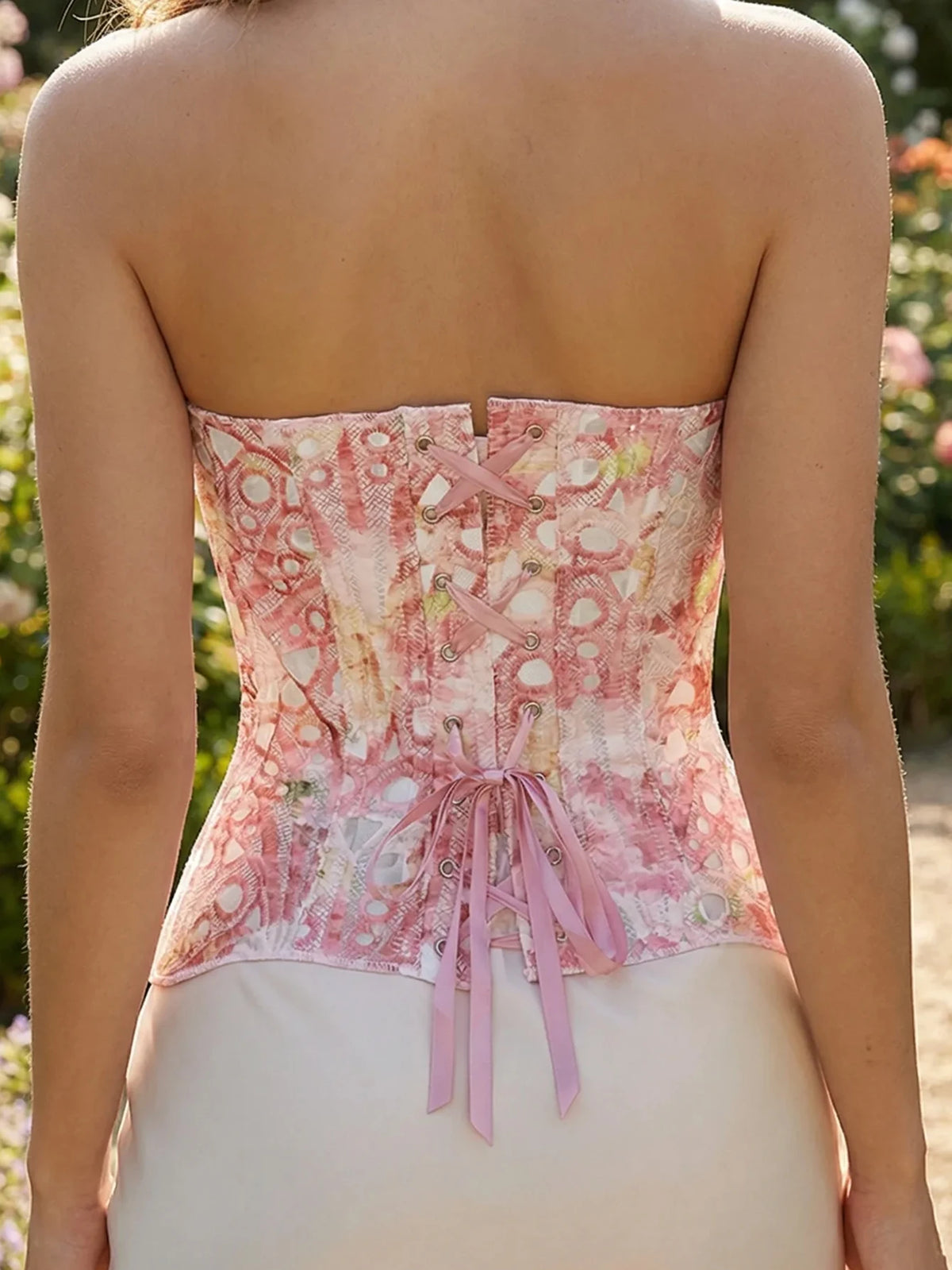 Women's floral print strapless shapewear, breathable mesh crop top with back tie, boning corset, tight-fitting bodysuit.