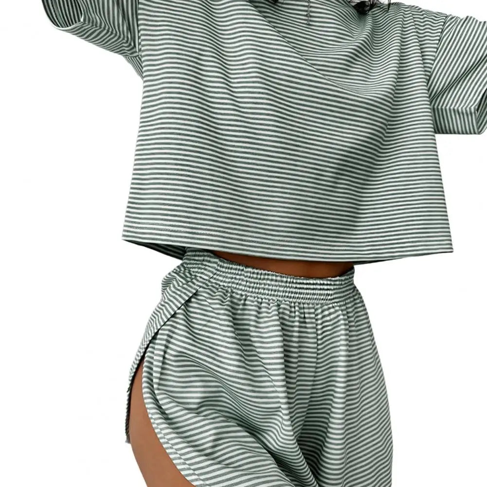 2 Pcs/Set Summer Sleepwear For Women Striped Printed Homewear Top Pants Suit Loose Short Sleeve T-shirt Elastic Waist Shorts