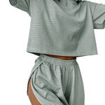 2 Pcs/Set Summer Sleepwear For Women Striped Printed Homewear Top Pants Suit Loose Short Sleeve T-shirt Elastic Waist Shorts