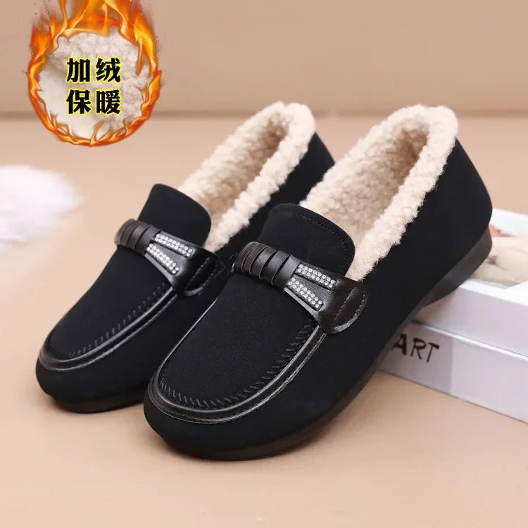 Retro Women's Slip on Flat Shoes White Women Soft Sole Non-slip Loafer Female Casual Plush Warm Cotton Shoes Zapatillas Mujer