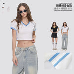 Hot girl top V-neck exposed navel contrasting color splicing clothes women's street short-sleeved T-shirt