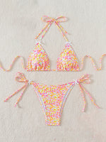 Blue Floral Print 2 Piece Micro Bikini Set for Women 2025 New Push Up Bra Thong Swimsuit Beach Bathing Suit Holiday Swimwear