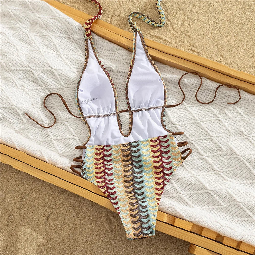 Sexy Halter String Backless Swimsuit Woman One Piece Striped Crochet Swimwears 2026 High Cut Bathing Swimming Wear Suit Monokini
