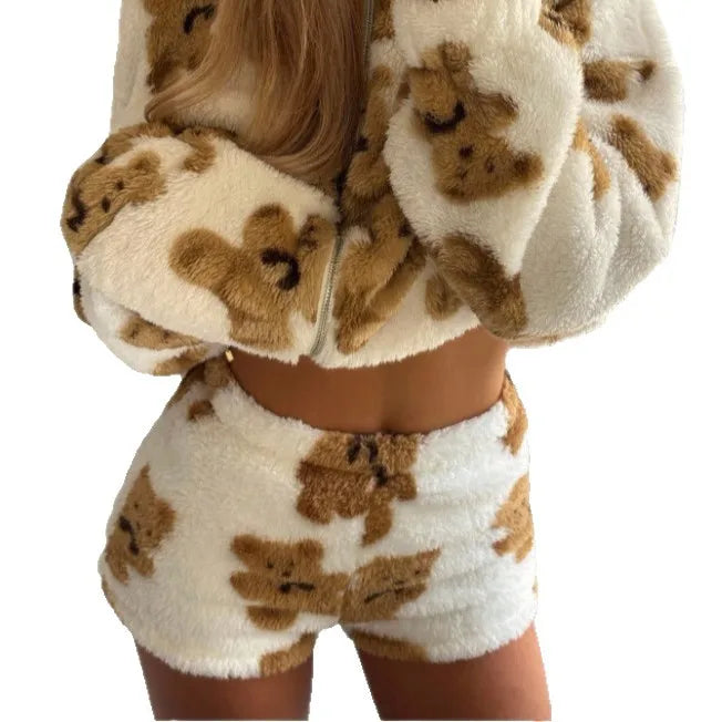 Women Autumn Winter Ins Style Cute Bear Printed Fluffy Shorts Thick Soft Cozy Hot Girl Loungewear Sleep Wear