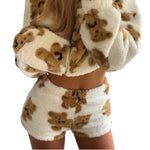 Women Autumn Winter Ins Style Cute Bear Printed Fluffy Shorts Thick Soft Cozy Hot Girl Loungewear Sleep Wear