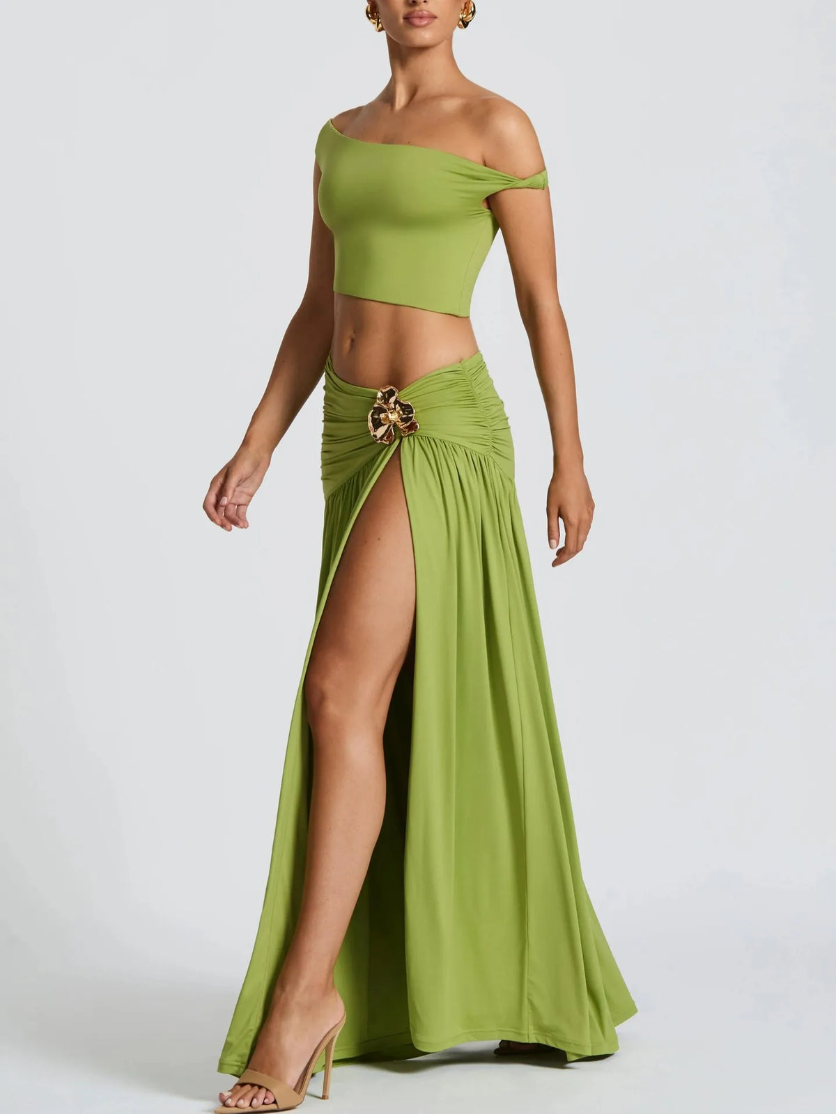 Summer Skirt Set Women Metal Flower Sexy Off Shoulder Slim Crop Top High Slit Skirt Sets Fashion Backless Pleated 2 Piece Suits