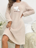 Super-Soft Flannel Nightgown Pink Heart Embroidery Long-Sleeve Round Neck Dress Comfortable Fit Warm Women's Homewear Loungewear