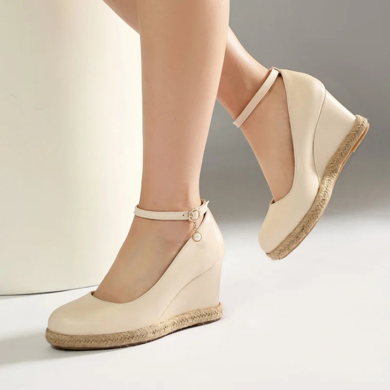 Concise Classic Women Ankle Strap Pumps 2026 Autumn Spring Shoes Wedge High Heels Beads Silver White Plus Size Daily 43