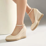 Concise Classic Women Ankle Strap Pumps 2026 Autumn Spring Shoes Wedge High Heels Beads Silver White Plus Size Daily 43