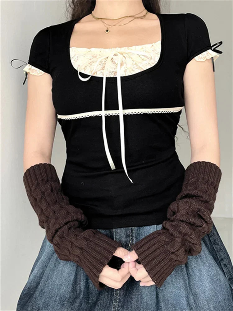 Women Summer T-shirt Lace Patchwork Square neck Short Sleeve Tee Tops Casual Retro Kawaii Y2K Aesthetic Shirts