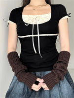 Women Summer T-shirt Lace Patchwork Square neck Short Sleeve Tee Tops Casual Retro Kawaii Y2K Aesthetic Shirts