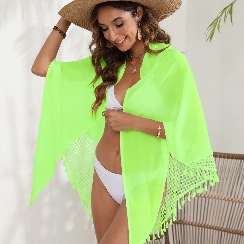 Hollow Long Sarongs Swimsuit Coverups for Women Beach Bikini Wrap Sheer Long Skirt Tassels Chiffon Scarf Cover Ups for Swimwear