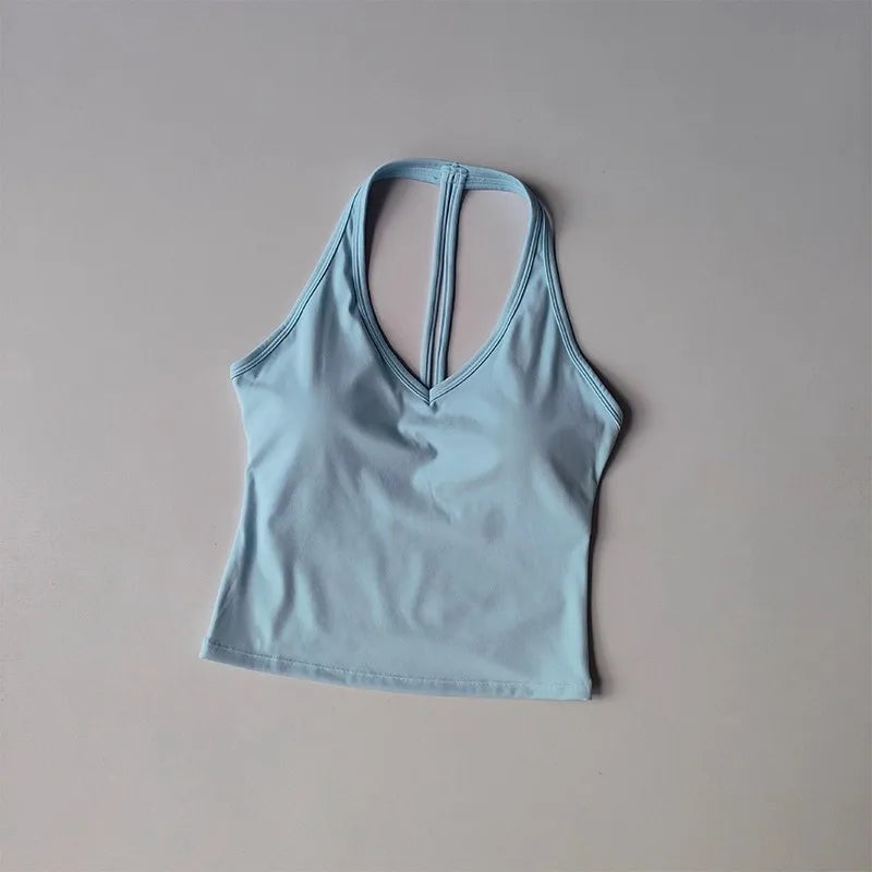 Women's Summer V-Neck Yoga Sports Vest Hanging Back Neck Design Outdoor Running Training Gathered Fit Top for Active Wear