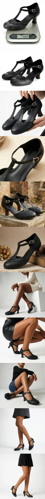 Big Size 32-50 Women's Vintage Cutout T-Strap Sandals Round Toe 6cm Kitten Heel Summer Casual Dance Shoes Black/Brown/White