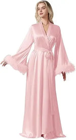 Long Feather Sleeve Bathrobe Sexy Ice Silk Kimono Wedding Bride Dress Women Loose Sleepwear Loungewear Casual Nightgown