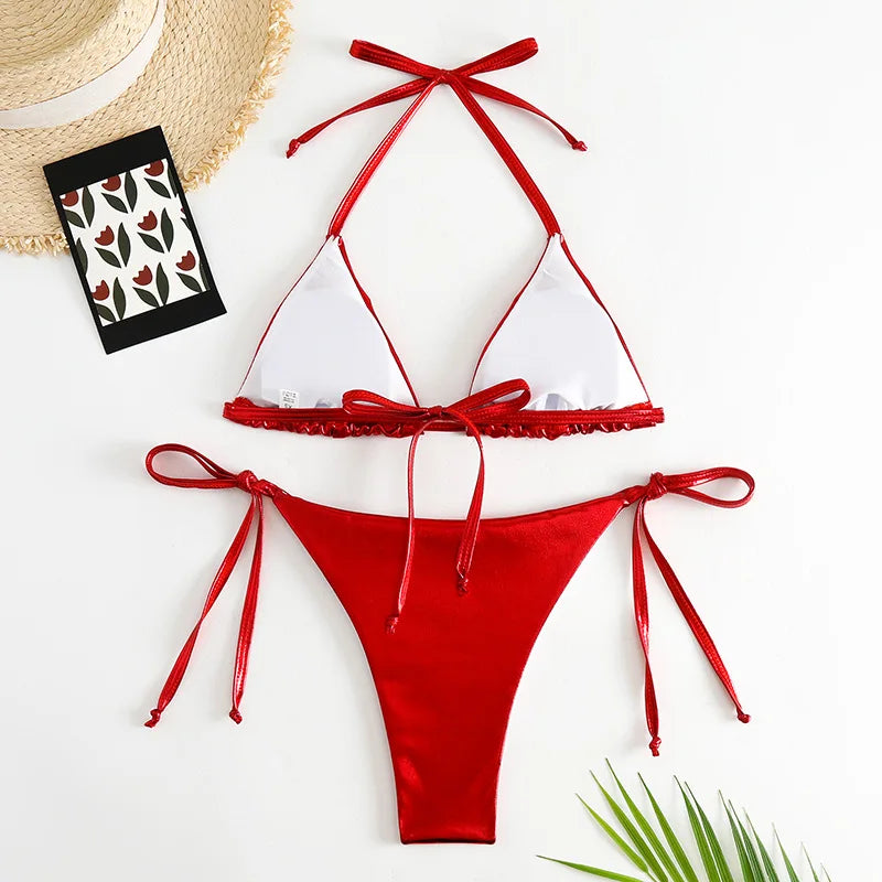 Sexy Red Shiny Triangle Micro Thong Bikinis Sets for Women Mini Swimwear Bathing Suits String Halter Bikini Mujer Swimsuit 2026