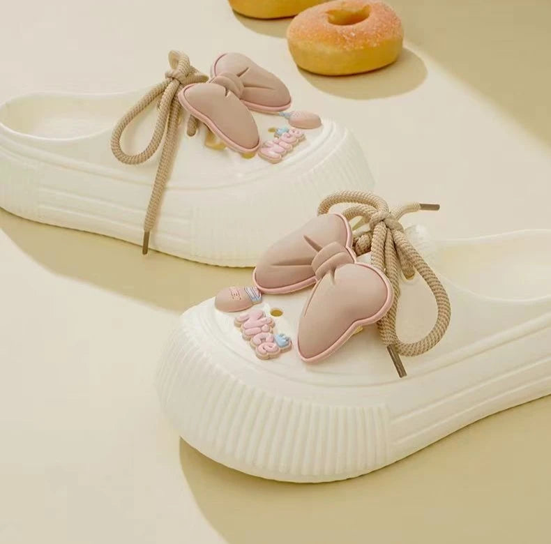 2025 New Slippers DIY Bow Platform Sandals for Women Summer Thick Sole Beach Slides Woman Flowers Non Slip Clogs Garden Shoes