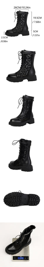 2026 New Big Size 45 Chic Black Lace Mesh Summer Boots Women Round Toe Square Heels Shoelace Zip-up Mid-calf Boots Shoes
