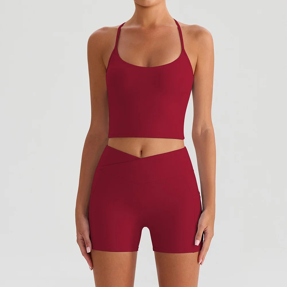 Yoga Shorts Sets Women Hanging Neck Hollow Back Sports T Shirts Sportsuit Gym High Waist Pocket Pants Fitness Workout Clothes
