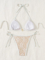 Embroidery Mesh Lace Halter Bikini Female Swimsuit Women Swimwear Two-pieces Bikini Set High Cut Bathing Suit Swim Beach Wear